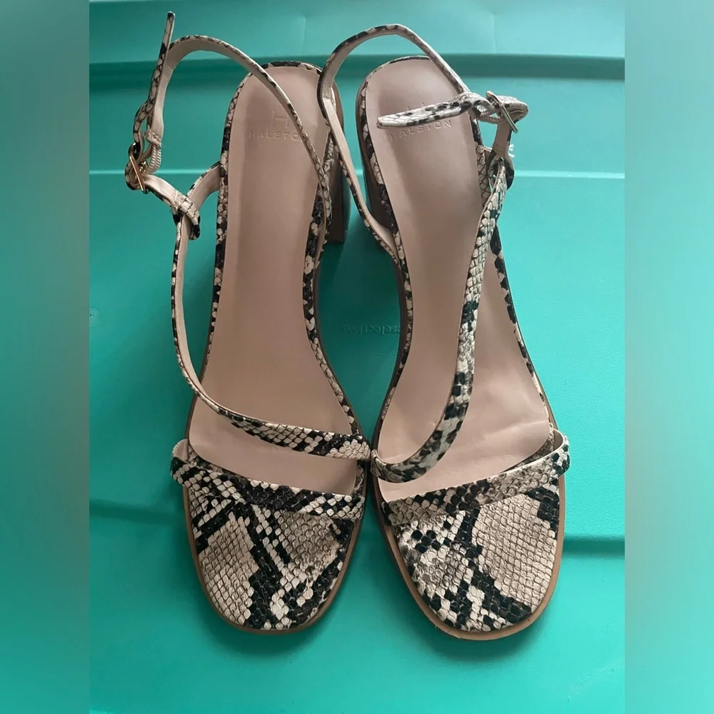 Halston snake print strappy heels